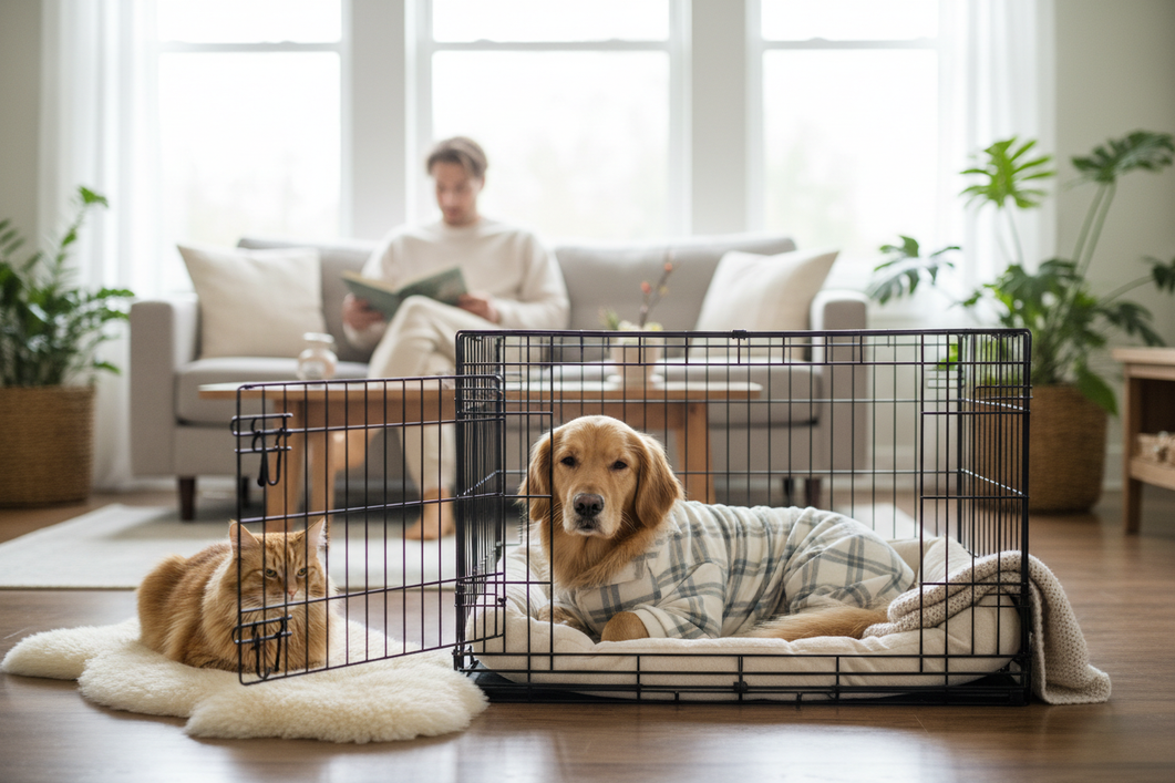 A calm dog wearing pajamas rests in an open wire crate while a cat sits nearby on the floor in the same room, supervised indoor rest scene