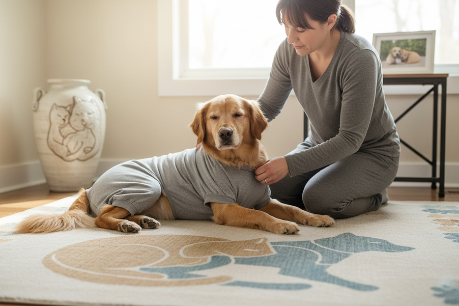 Dog wearing a recovery suit indoors while a veterinarian checks fit near the chest and legs after surgery