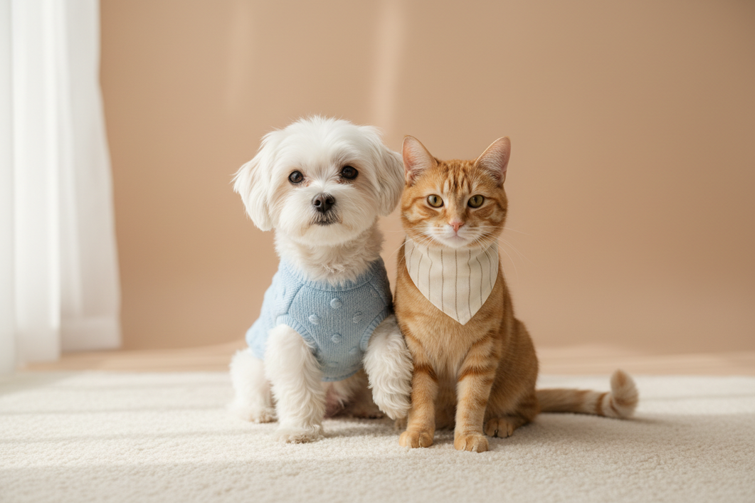 A small dog and a cat standing together on a soft neutral backdrop, wearing simple pet outfits for a beginner clothing comparison