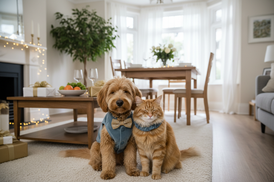 Dog and cat in soft party-style pet outfits sitting together at a family gathering in a bright home, showing a comfortable look for a long event