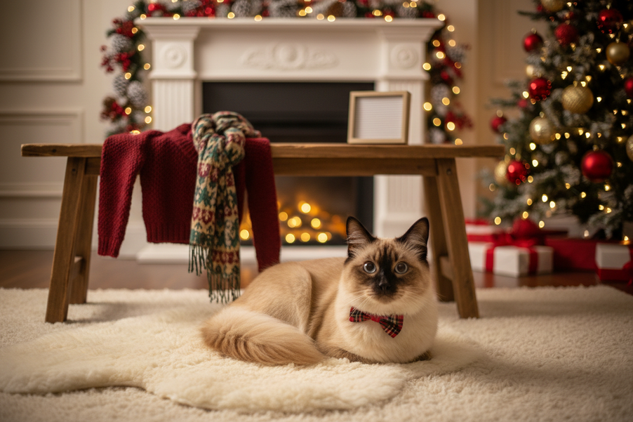 Cat and dog in a festive holiday scene with one simple backup outfit laid out beside them