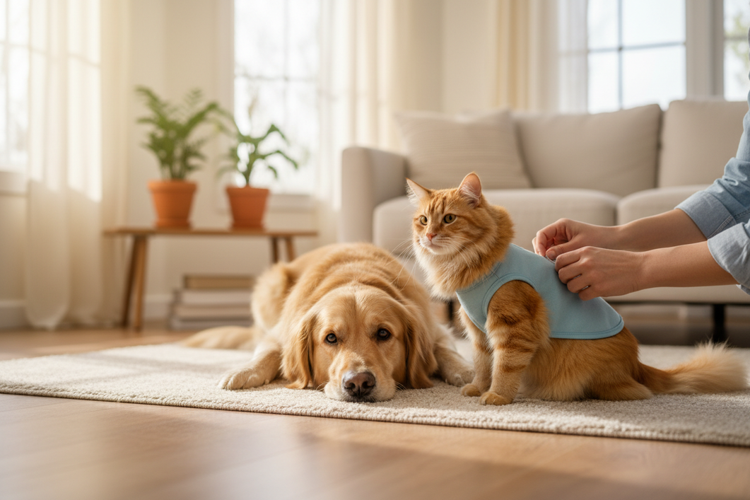cat and dog together in a calm indoor scene, with the cat trying a soft pet pajama garment while supervised by a person