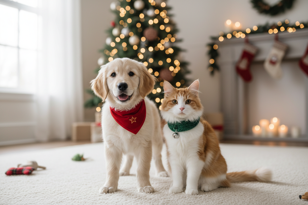 Puppy and cat in a festive holiday outfit scene for a first Christmas photo