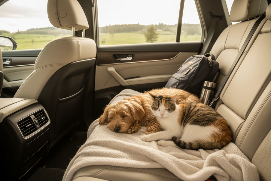 A small dog and a cat together in a cozy travel scene, both wearing simple pet clothes, with a car road trip feel and soft natural light
