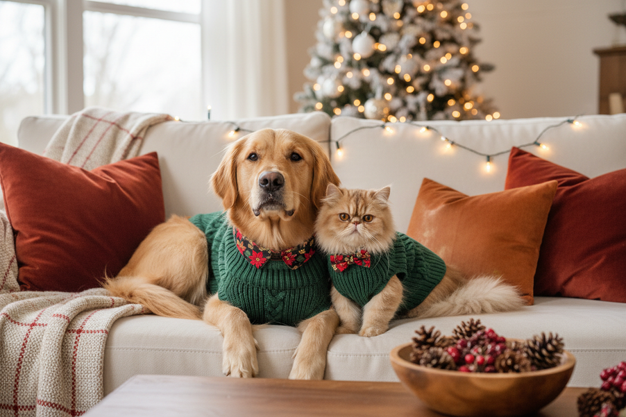 A dog and a cat wearing cozy festive holiday clothes together for a family photo setting, seated side by side on a sofa with warm seasonal decor in the background.