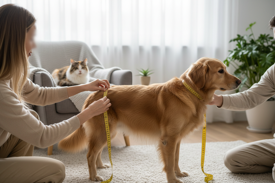 Dog standing beside a measuring tape while chest, back, and neck measurements are being checked for pet clothing fit