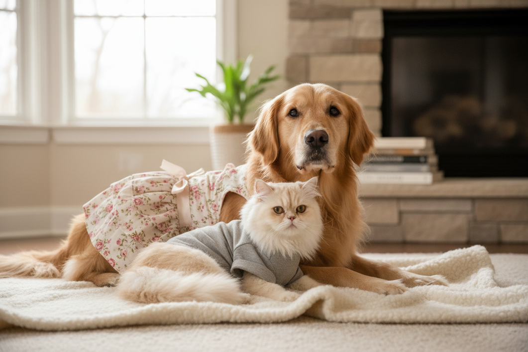 A dog and a cat posed together in a styled pet portrait for a dress-versus-shirt comparison, with one pet in a dress and the other in a shirt, soft natural light, cozy indoor setting, no text.