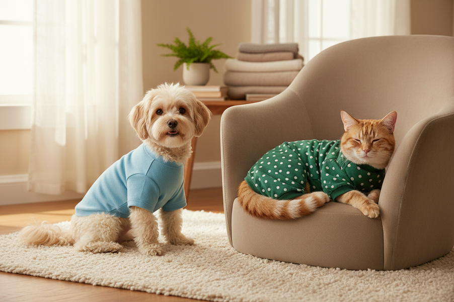Dog and cat sharing an indoor pet clothing comparison scene, one pet in a soft shirt and the other in cozy pajamas on a living room couch