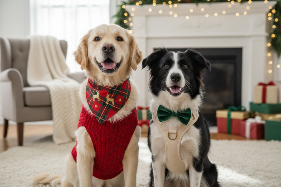Two dogs in coordinated holiday outfits posed together for a multi-dog photo, with one wearing a playful patterned shirt and the other in a simpler matching accent so the group looks connected despite different body shapes.