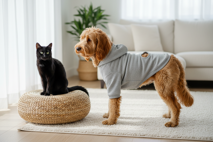 Dog and cat wearing coordinated pet clothes during a supervised fitting check, with a harness opening visible on the dog garment