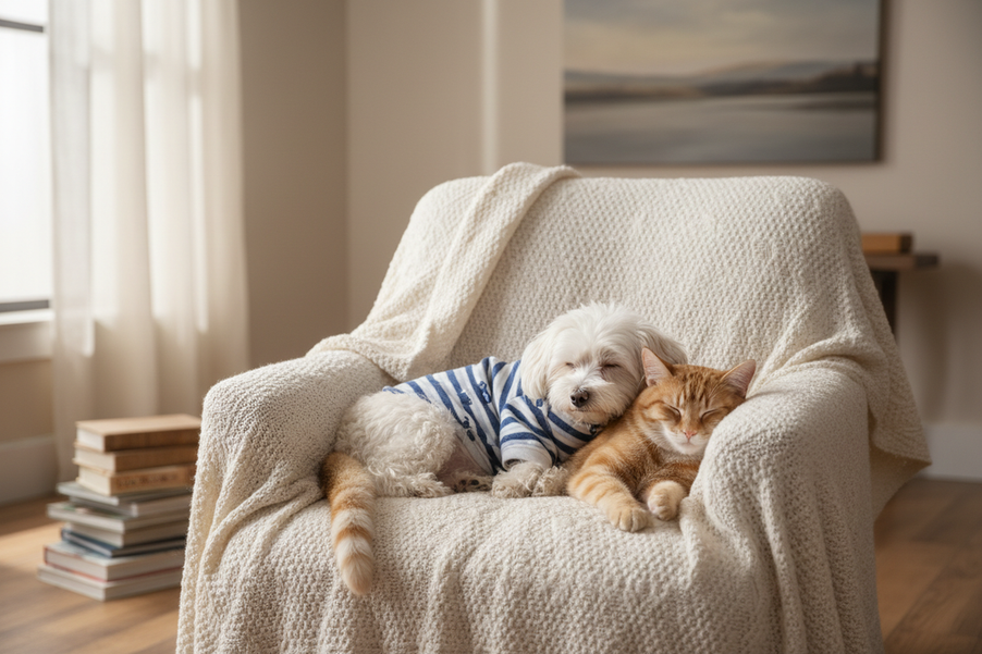 A small dog and a cat resting together indoors in cozy pet pajamas, with a calm home setting that suggests comfortable supervised wear