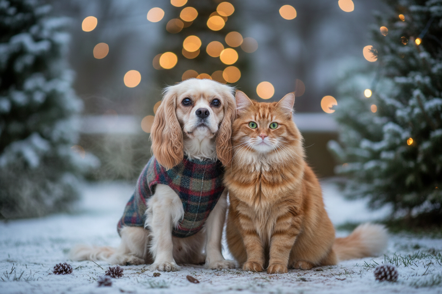 Small dog in a cozy winter outfit beside a cat outdoors at a chilly holiday gathering