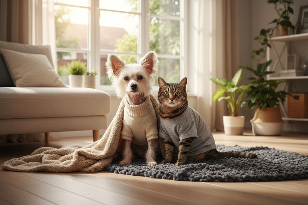 Chinese Crested dog and cat wearing simple pet clothes indoors near a sunny window, showing light coverage for a small hairless dog