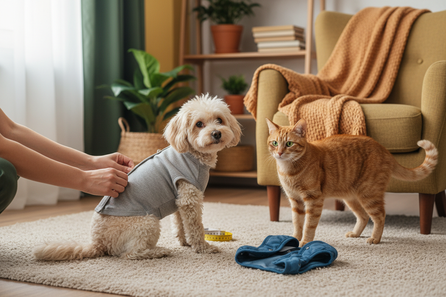 A small dog and a cat wearing simple pet outfits while an owner gently helps with dressing, showing an easy clothing closure comparison in a home setting