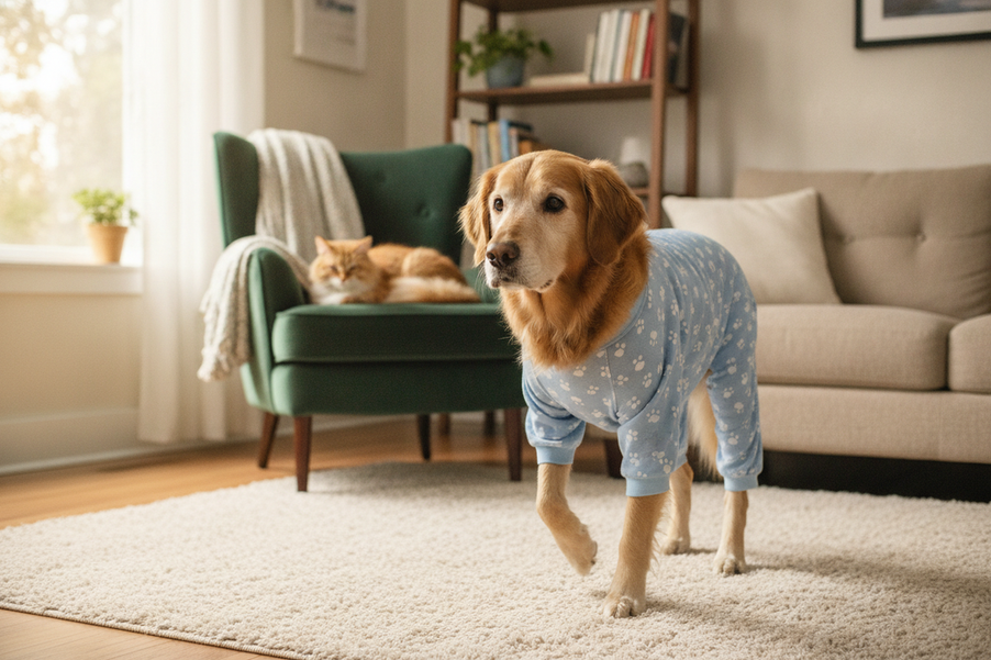 Senior dog wearing comfortable pajamas while standing and turning indoors during a supervised fit check