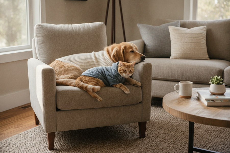 Dog and cat wearing layered pet clothing in a home setting, showing a practical comfort check for cold weather