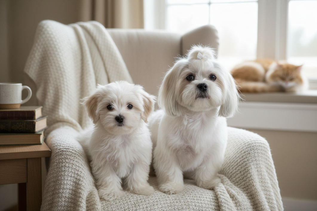Maltese puppy with an adult dog in a gentle side-by-side pet care scene, showing coat differences during growth