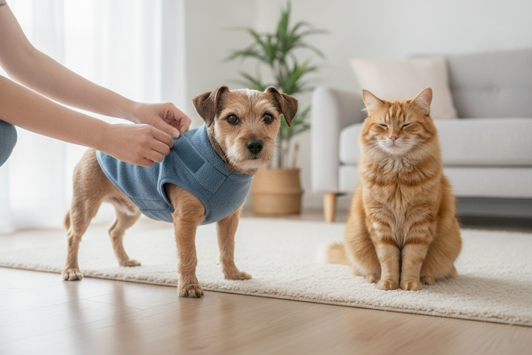 Reluctant dog being gently dressed in easy-on clothing beside a calm cat, showing a no-over-the-head fit and simple closure on a small pet.