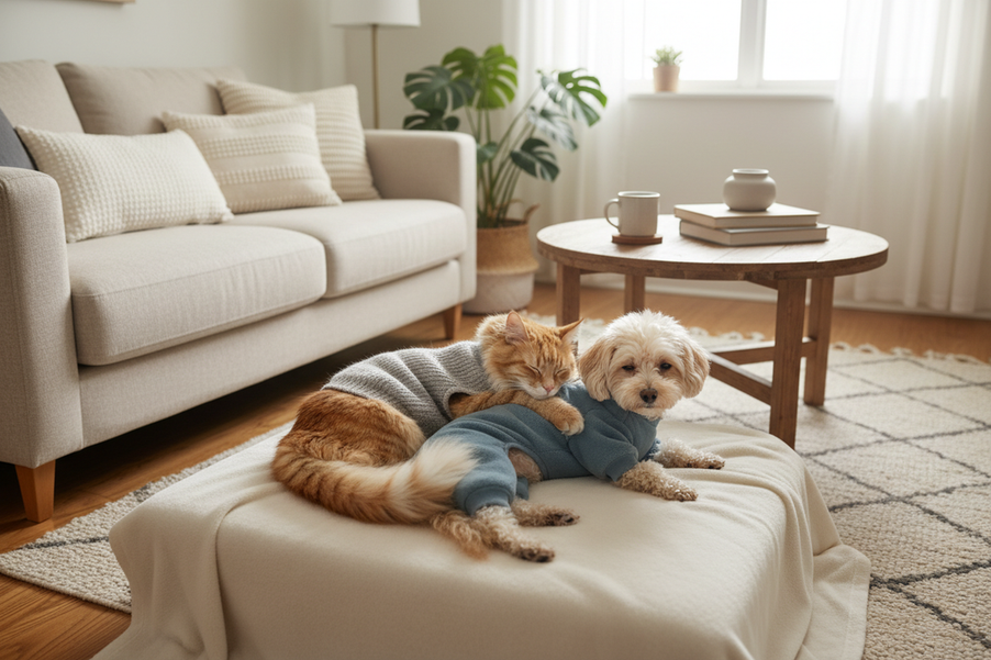 Small apartment dog and cat sharing a cozy indoor outfit scene near a sunlit window