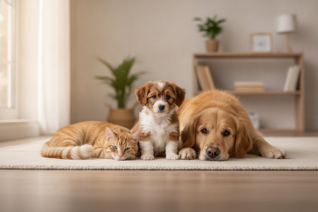 Mixed-breed puppy with a cat and dog together in a soft blended pet portrait, suggesting size comparison and growth estimates
