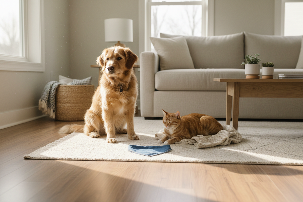 A newly adopted dog and a cat in the same calm home scene, with the dog noticing a piece of pet clothing at a distance before any try-on