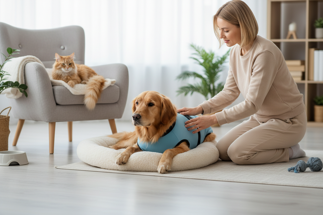 Dog in recovery clothing after surgery being checked by a veterinarian, with a cat nearby in the same home setting