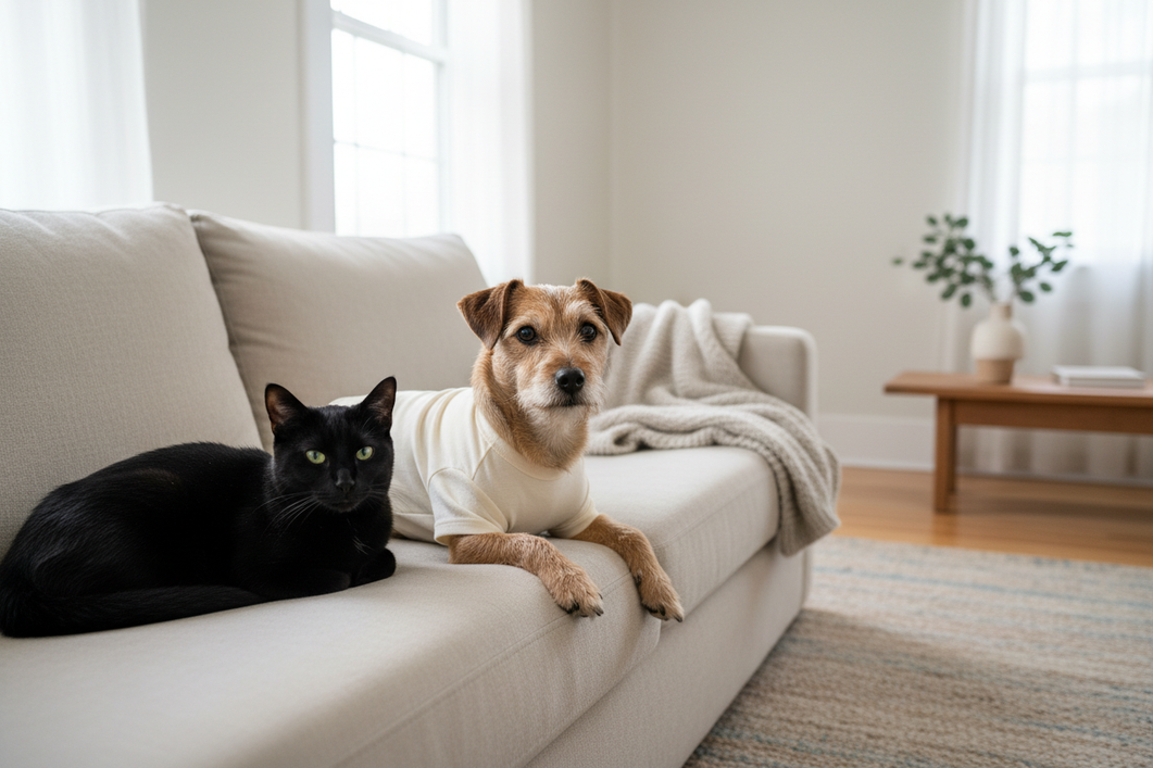 Short-haired small dog wearing a lightweight shirt in a calm indoor setting beside a relaxed cat, showing a comfortable fit without overbundling