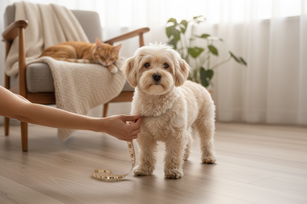 Small fluffy dog being measured with a soft tape while standing on a flat surface, with a second pet beside it for a blended pet-theme visual