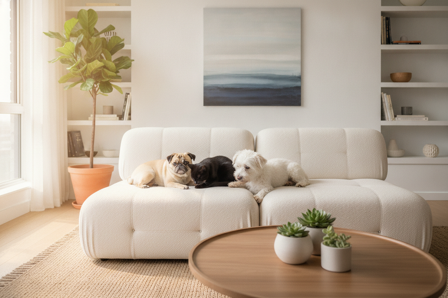 Two small dogs in a cozy apartment setting, one dog being compared with a cat in the same room for size and space planning