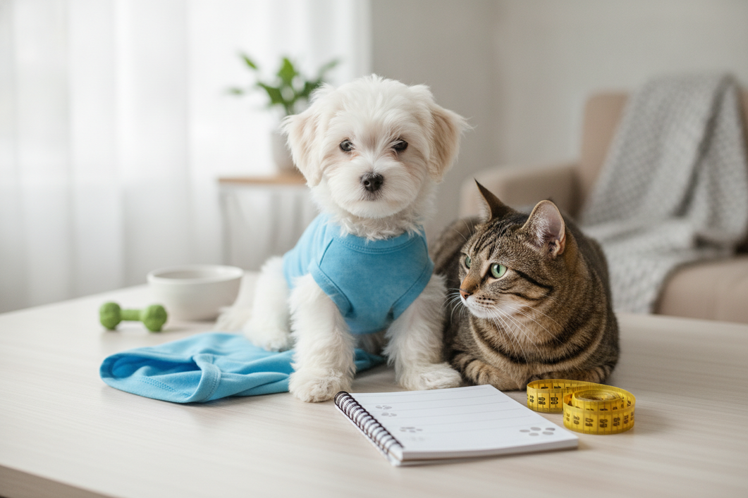 Small dog growth tracker setup with a puppy and cat near a notebook, measuring tape, and pet clothes on a clean table