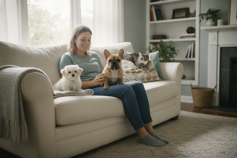A small dog and a toy dog side by side in a bright home setting, showing a first-time owner comparing size, handling, and supervision needs