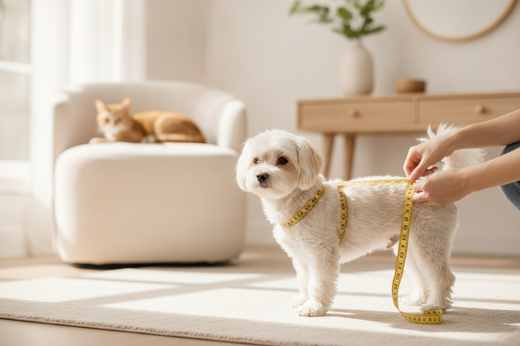 Small dog and cat together in a home measuring scene, with a flexible tape measure near the dog’s chest and back to show how to track growth before buying clothes
