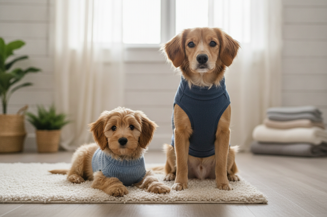 Small mixed-breed puppy wearing cozy pet clothes in a simple home setting, showing how fit can change as the dog grows