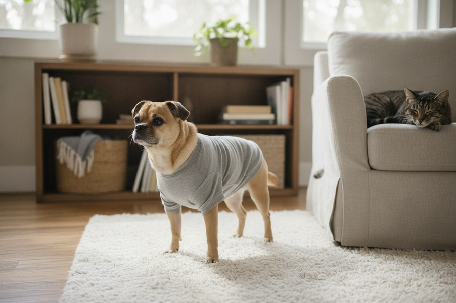 Small dog wearing a soft shirt indoors with a cat nearby, showing calm everyday wear in a home setting