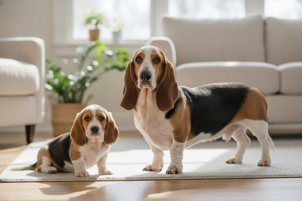 Composited scene of a small short-legged dog puppy and adult dog showing changing proportions over time, with a neutral pet-fit setting