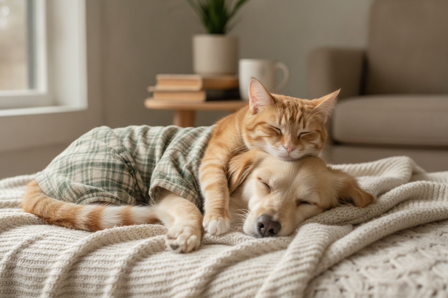 A small dog and cat together in soft pet pajamas on a couch, showing a comfortable everyday pet clothing fit