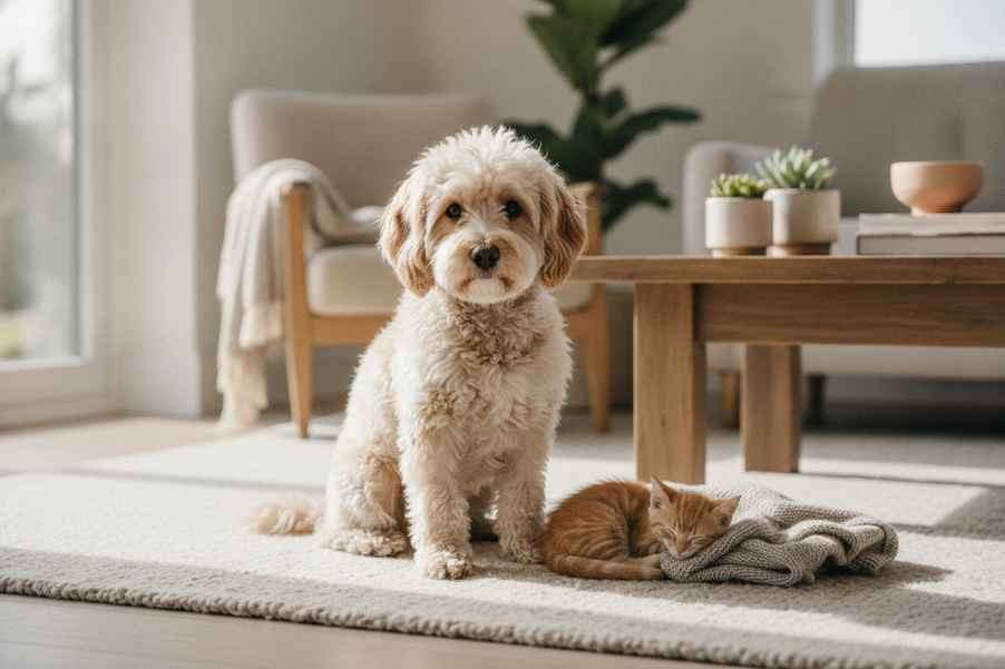 Collage-style editorial image of very small pet dogs in a home setting, showing tiny adult size for breed research and compact living planning