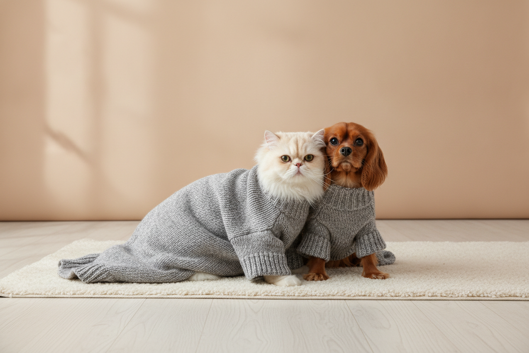 Small dog and cat sharing a soft pet outfit fit check on a neutral studio surface