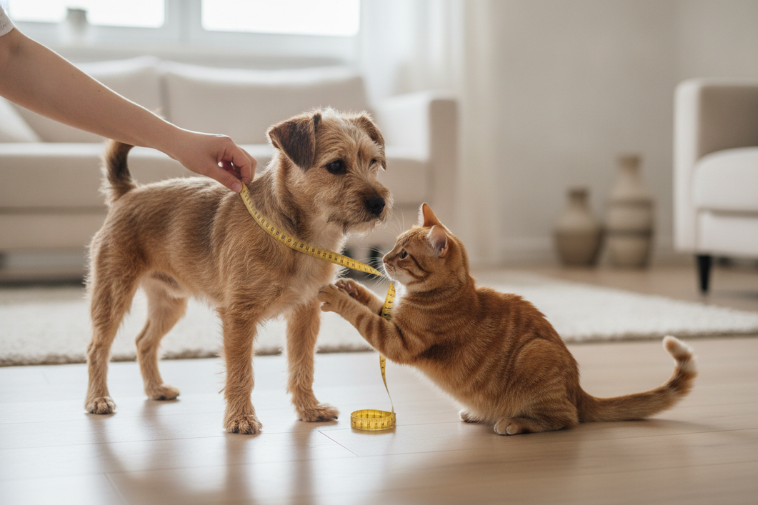 Mixed-breed small dog being measured for clothes on a soft surface while a cat looks on in a playful blended pet scene