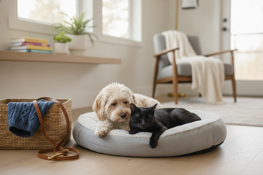 Small dog and cat resting together near a pet sweater and leash on a clean home floor