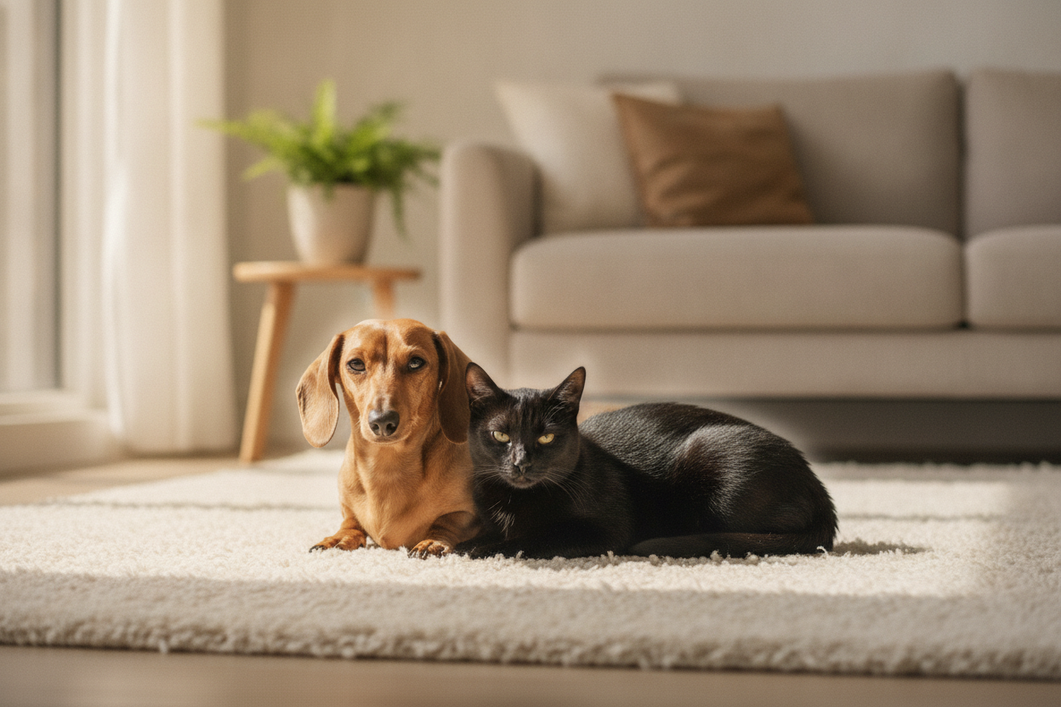 Dachshund and cat wearing cozy pet clothes side by side for size comparison