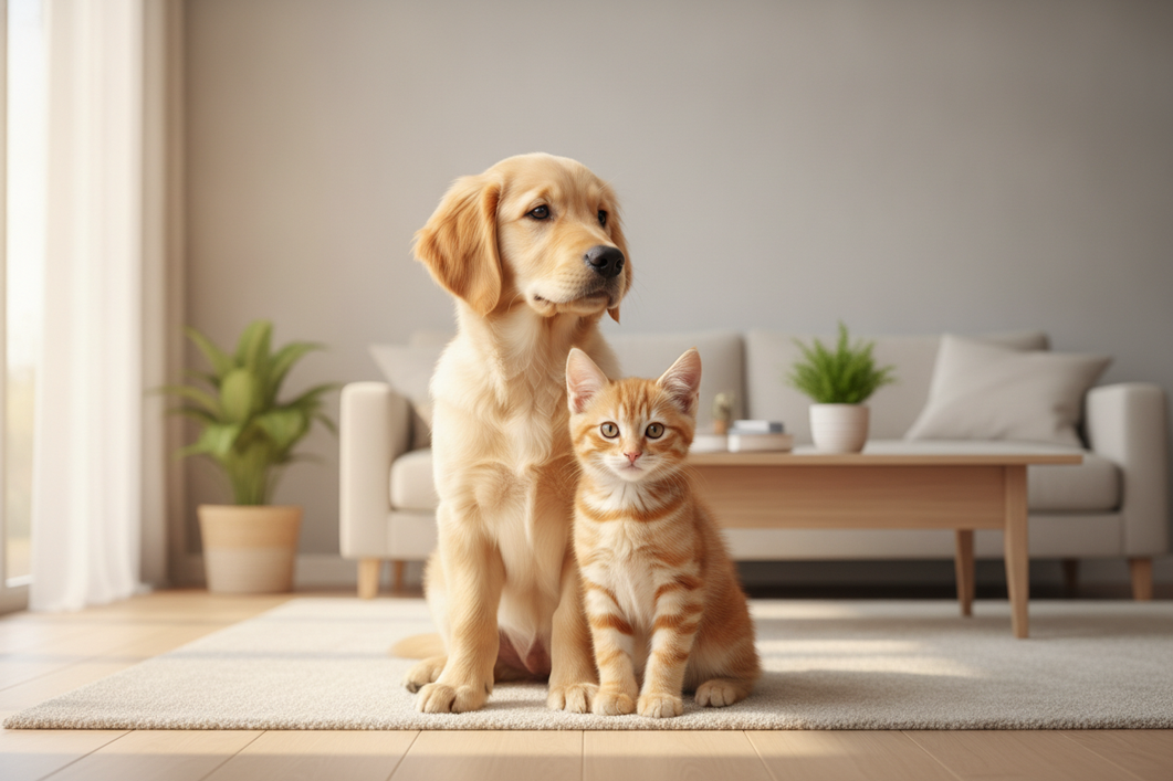 Dog and cat together in a soft blended image, showing a pet measuring scene that suggests size comparison for clothing fit.