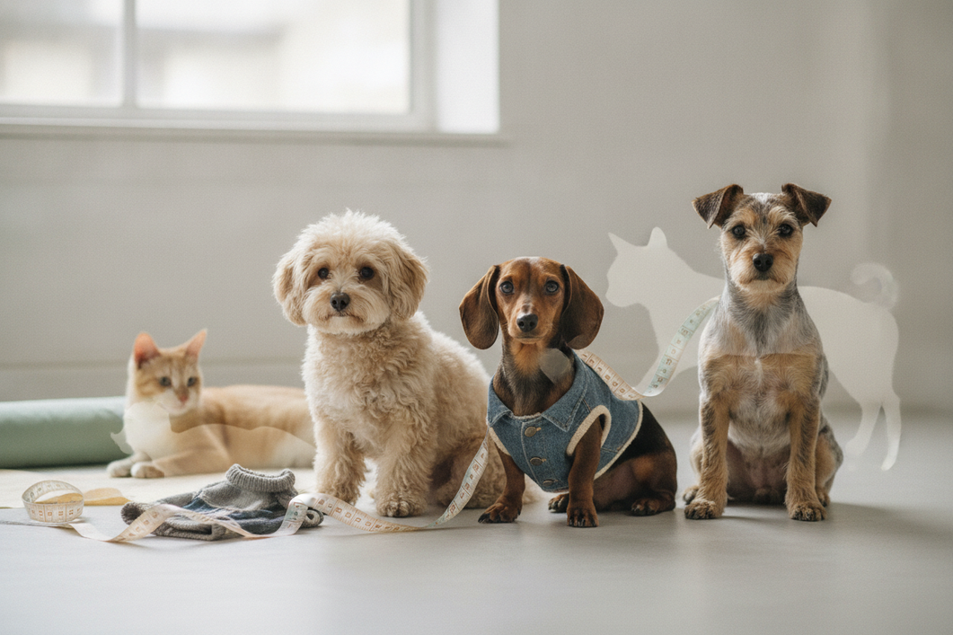 Collage-style image of small puppy and cat silhouettes together for a pet apparel growth guide, with measuring tape and a neutral background