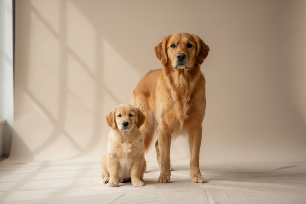 Puppy and adult dog standing side by side in a simple studio scene, showing a young dog’s chest and body proportions changing after height appears to slow