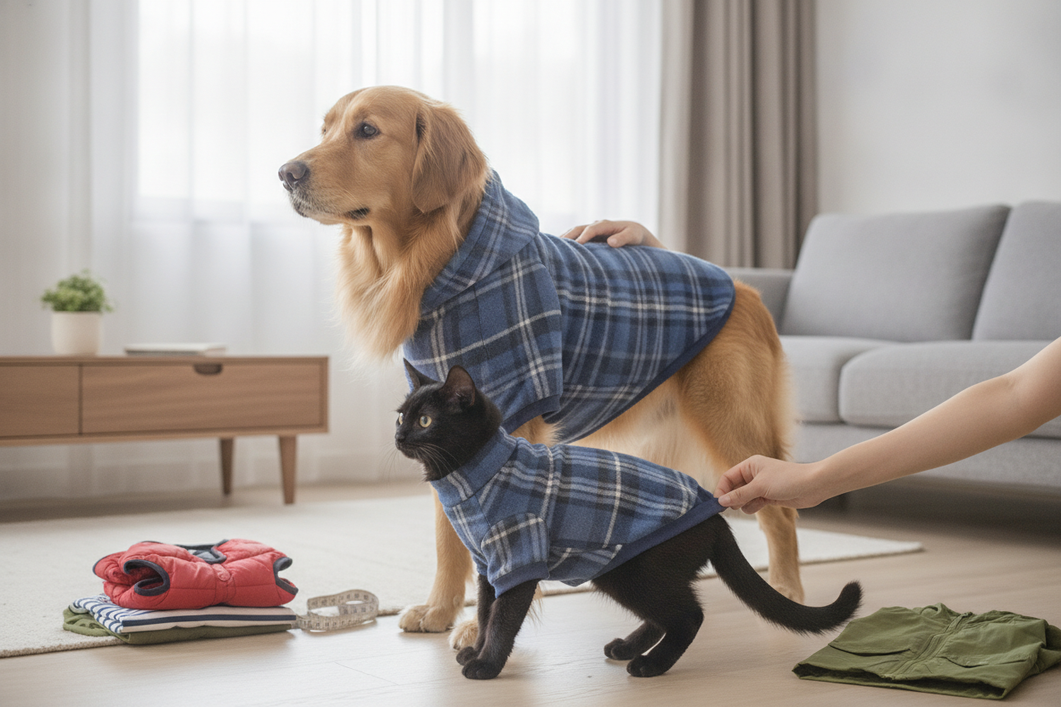 Dog clothing sizing concept with a dog and a cat together, showing a pet parent comparing fit across different pet sizes