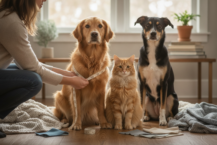 Dog clothing fit check with two pets and a measuring tape, showing that breed labels do not guarantee the right size