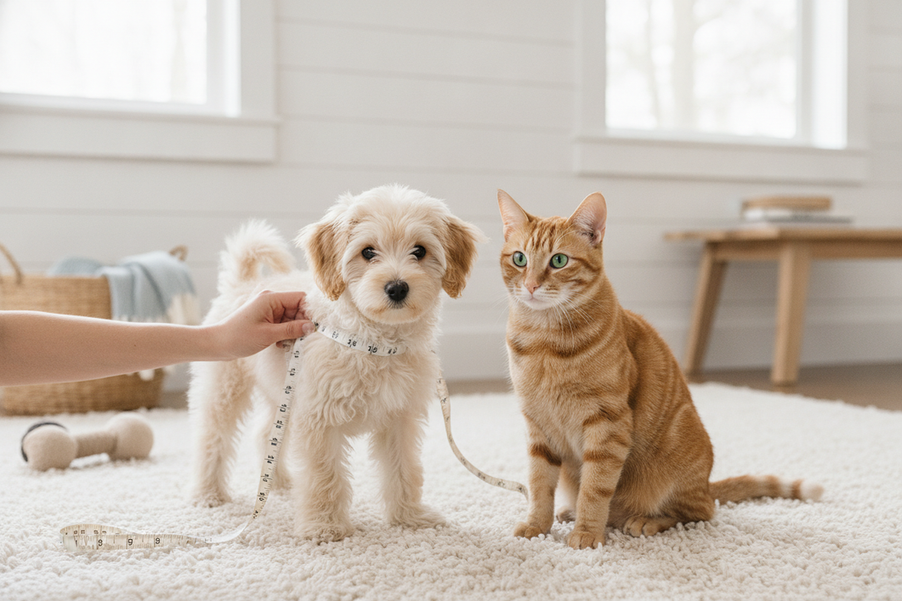 Small dog and cat standing beside a measuring tape on a neutral floor, showing a puppy fit check for back, chest, and neck measurements