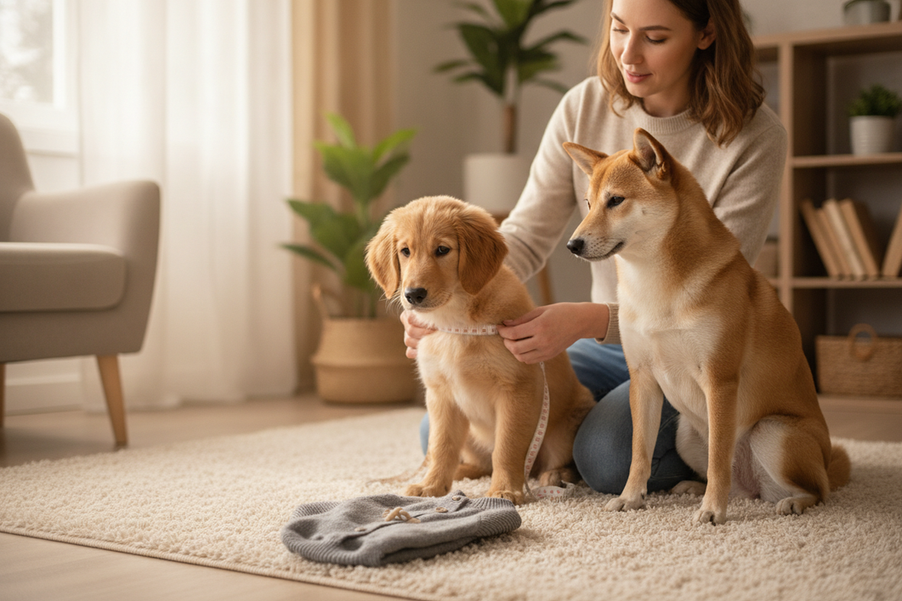 Side-by-side puppy and small dog measuring fit check in a home setting, with a tape measure around the chest and a soft garment nearby