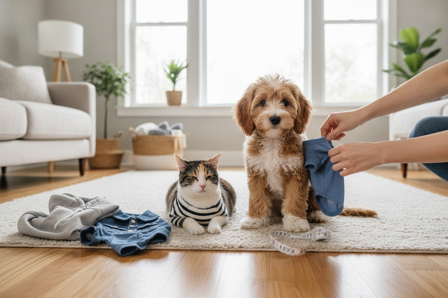 Small dog and cat in a cozy pet apparel fitting scene with a measuring tape and folded clothes on a bright home floor