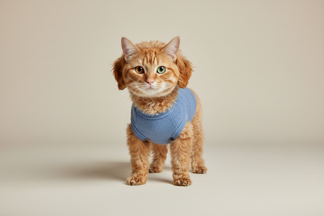 Small dog wearing a cozy sweater while a cat and dog are shown together in a clean studio scene, illustrating body shape and clothing fit